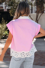 Pink Hollow-out Floral Contrast Patchwork Short Sleeve Button Up Shirt