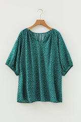 Green Boho Chic Notched V Neck Plus Floral Short Sleeve Top