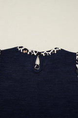 Navy Blue Ribbed Contrast Leopard Patchwork Short Sleeve Top