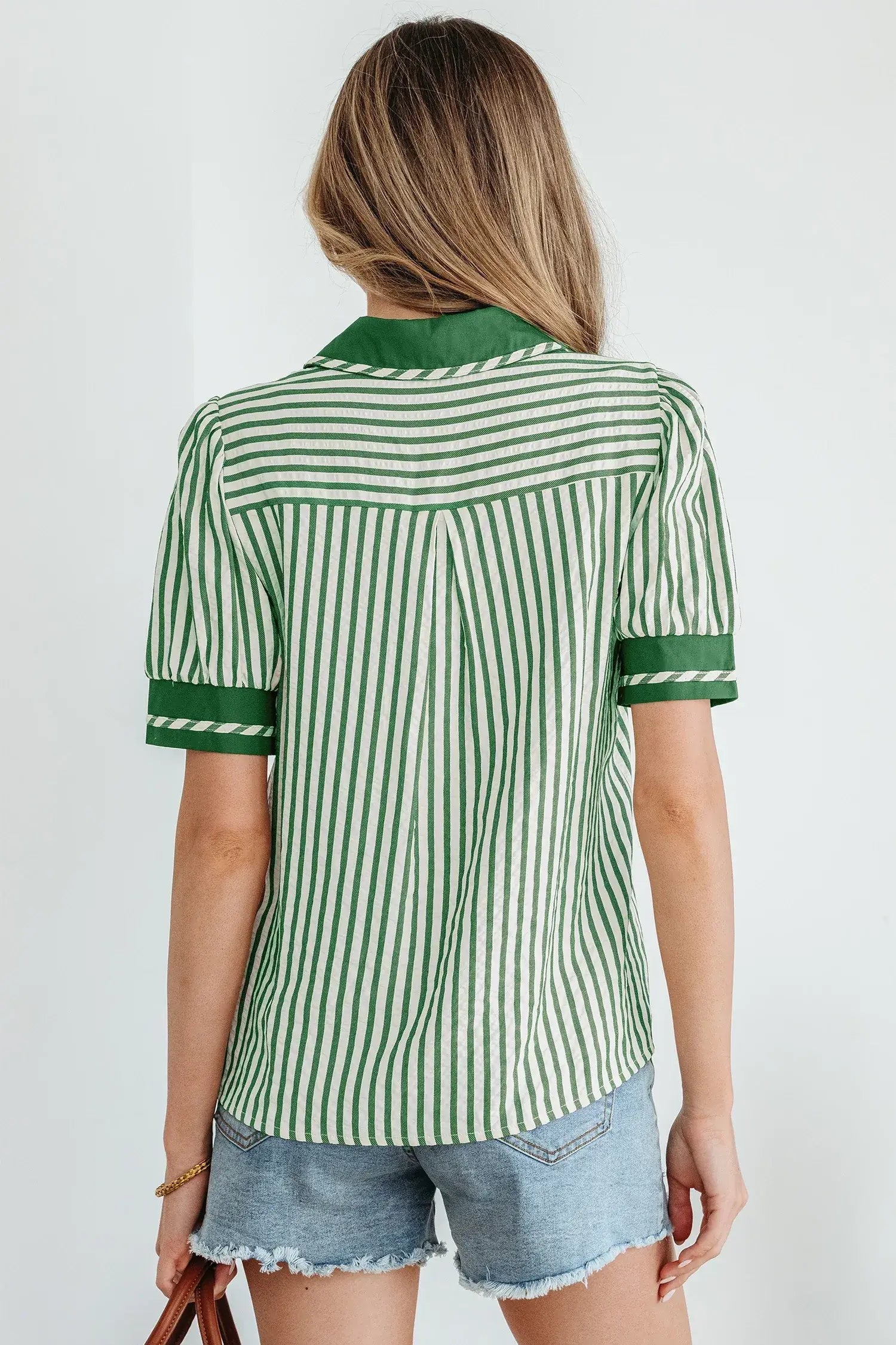 Black Stripe Collared Split Neck Short Bubble Sleeve Blouse