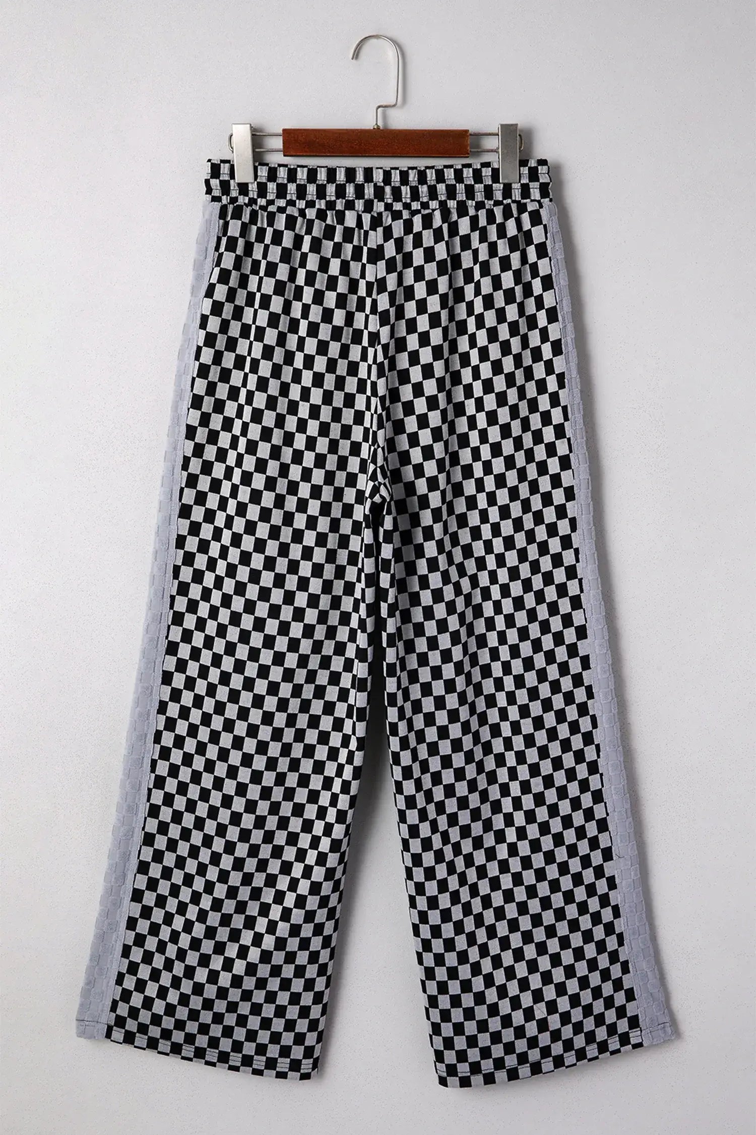 White Checkerboard Drawstring Waist Casual Pants