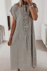 Red Stripe Frilled Detail Half Buttons Short Sleeve Long Dress