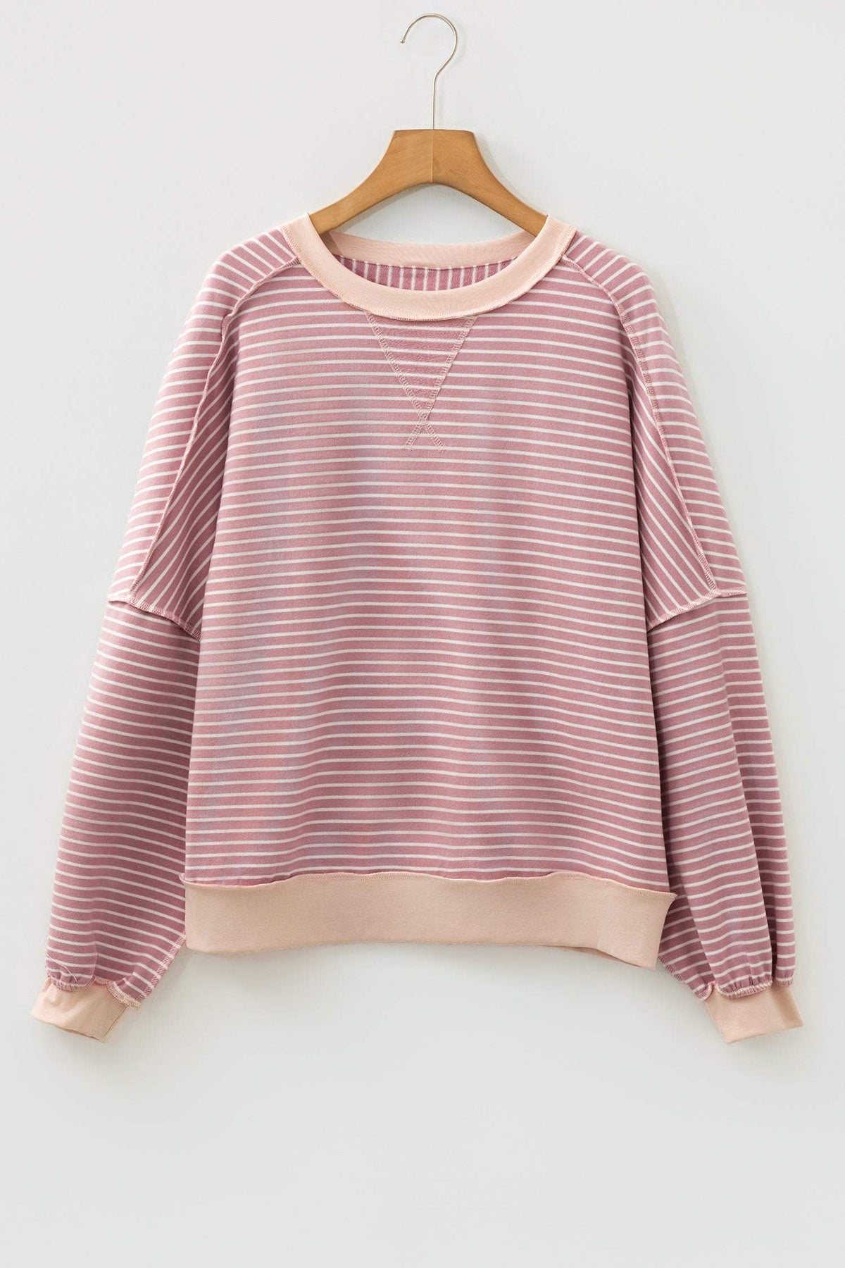 Pink Stripe Exposed Stitching Patchwork Casual Long Sleeve Top