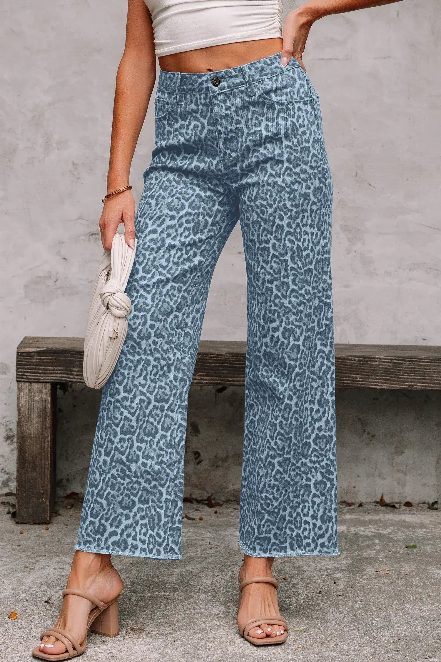 Gray Leopard Frayed Edge Wide Leg High Waist Jeans