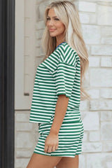 Green Stripe Drop Shoulder Boxy Casual Terry Short Set