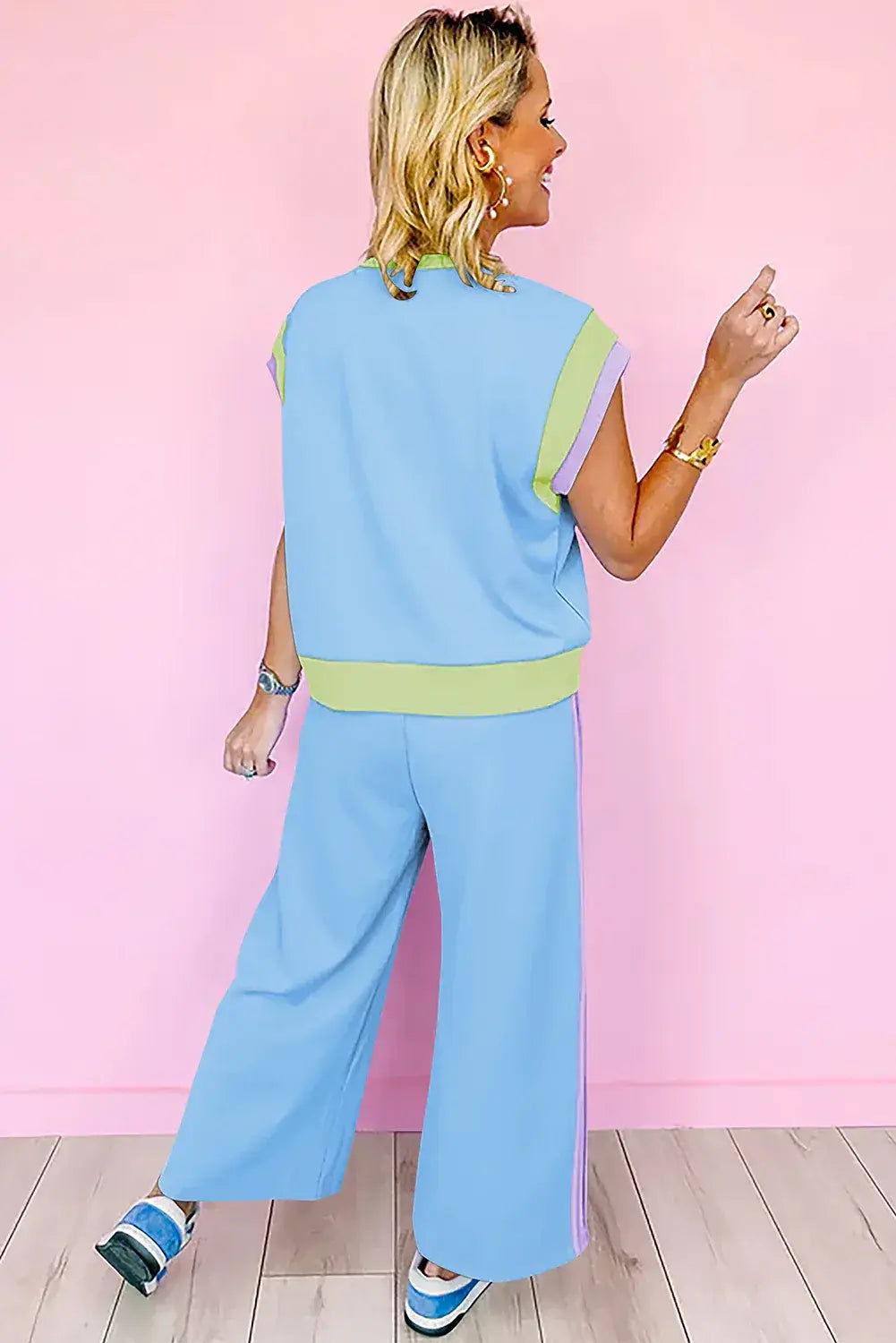 Dark Green Color Block Detail Casual Two-piece Set