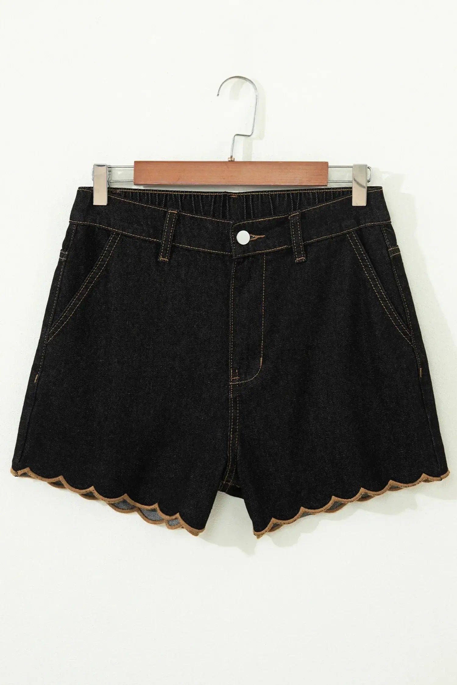 Navy Blue Embroidered Scalloped Trim Relaxed Denim Shorts