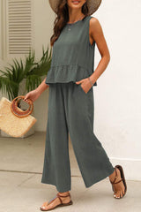Beau Blue Solid Color Ribbed Ruffle Tank Top and Pants Set