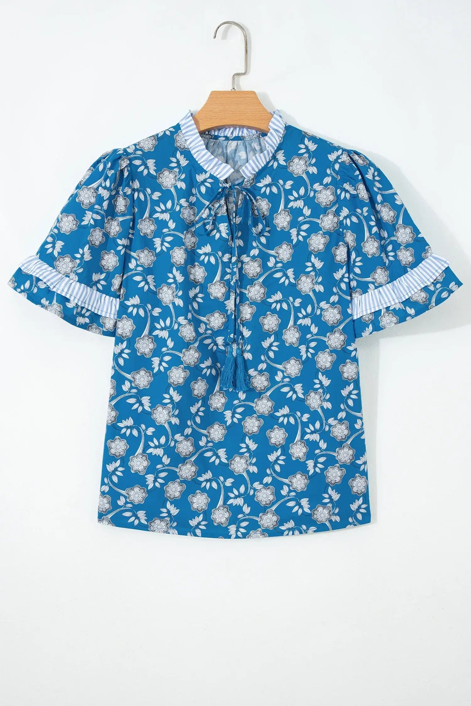 Blue Floral Print Button Tie Neck Striped Detail Short Sleeve Blouse