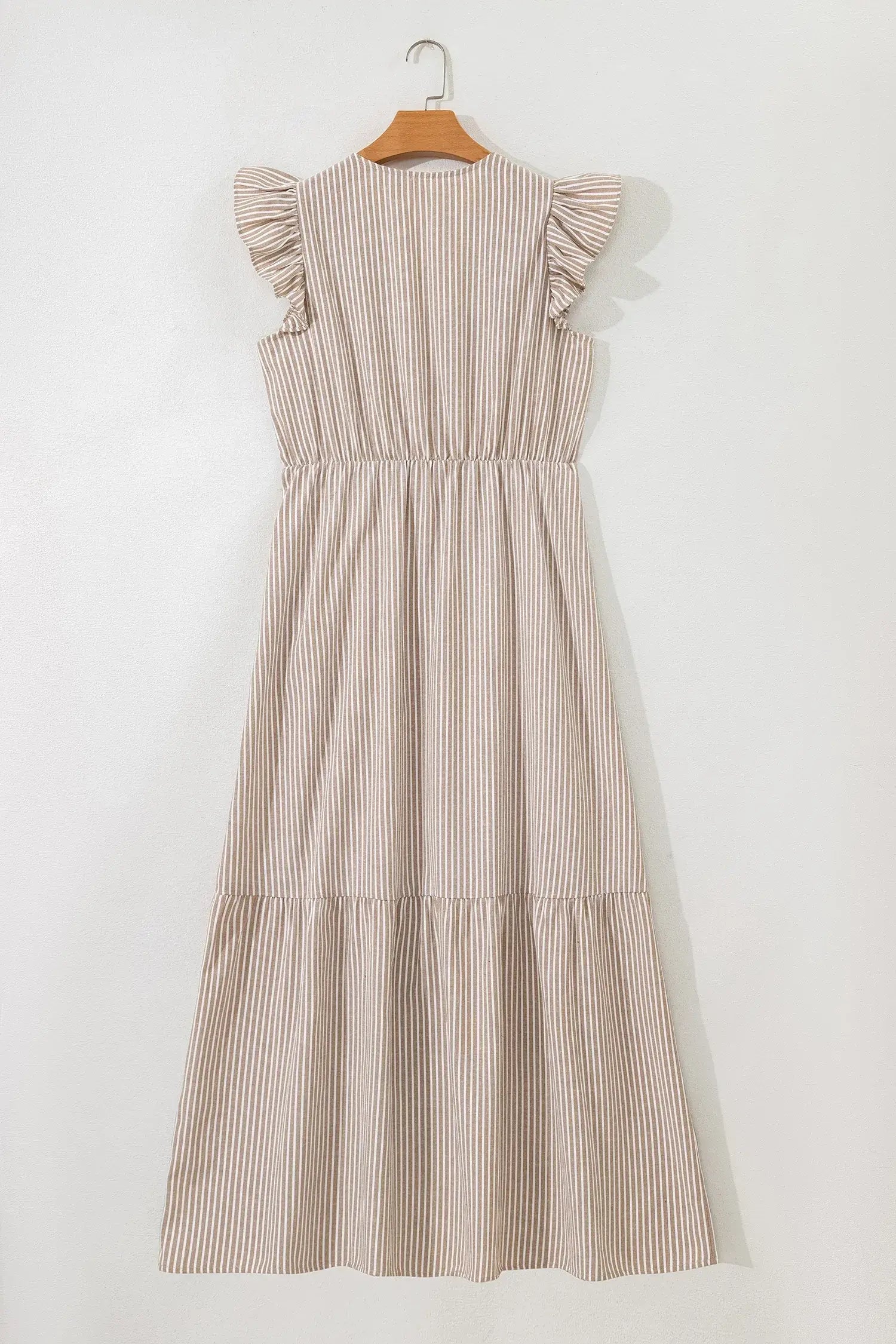 Khaki Stripe Flutter Sleeve Buttoned Front Slit Maxi Dress