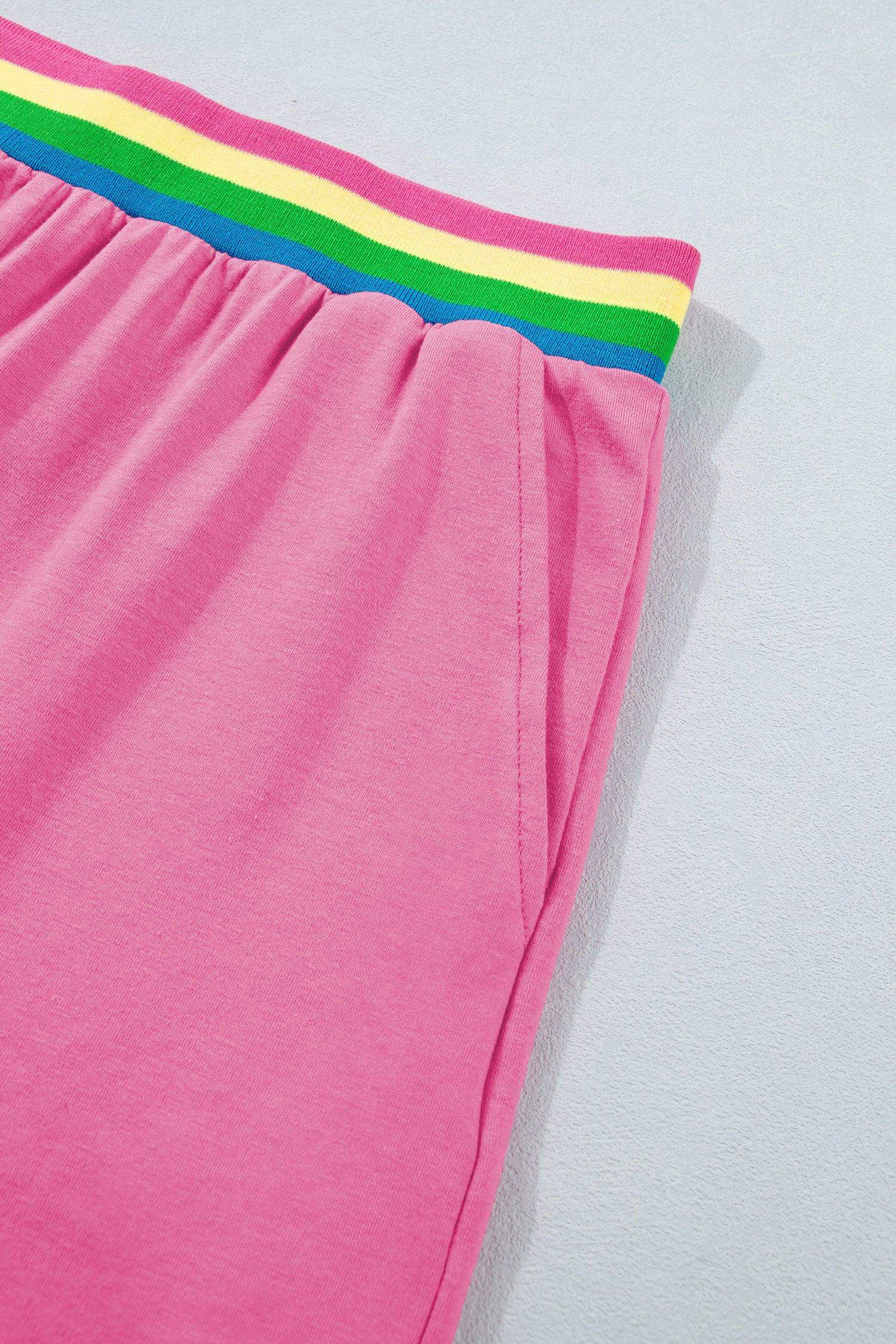 Bright Pink Seam Detail Raw Edge Tee Rainbow Waistband Casual Short Set