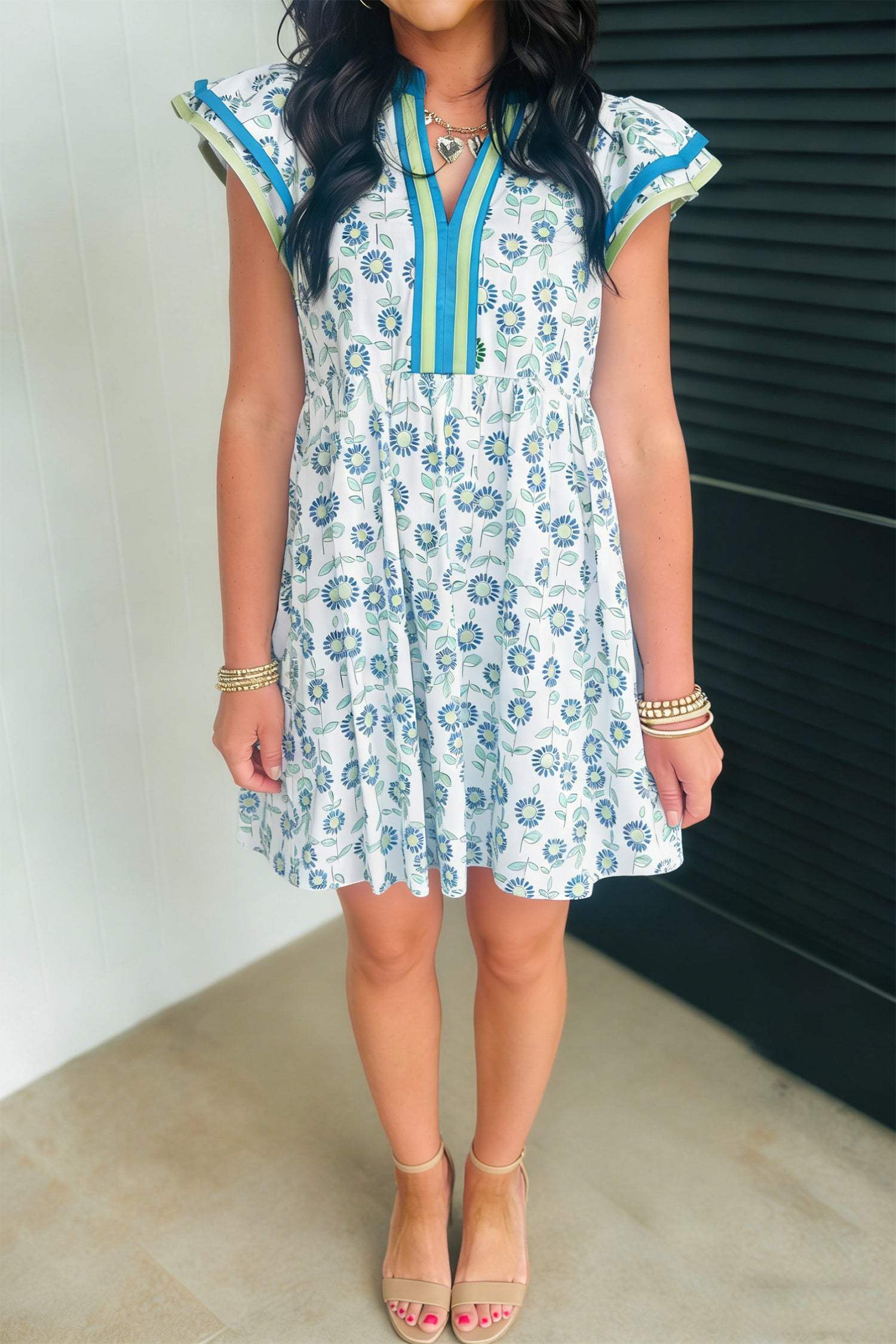 Sky Blue Floral Print Contrast Trim Flutter Sleeve Mini Dress