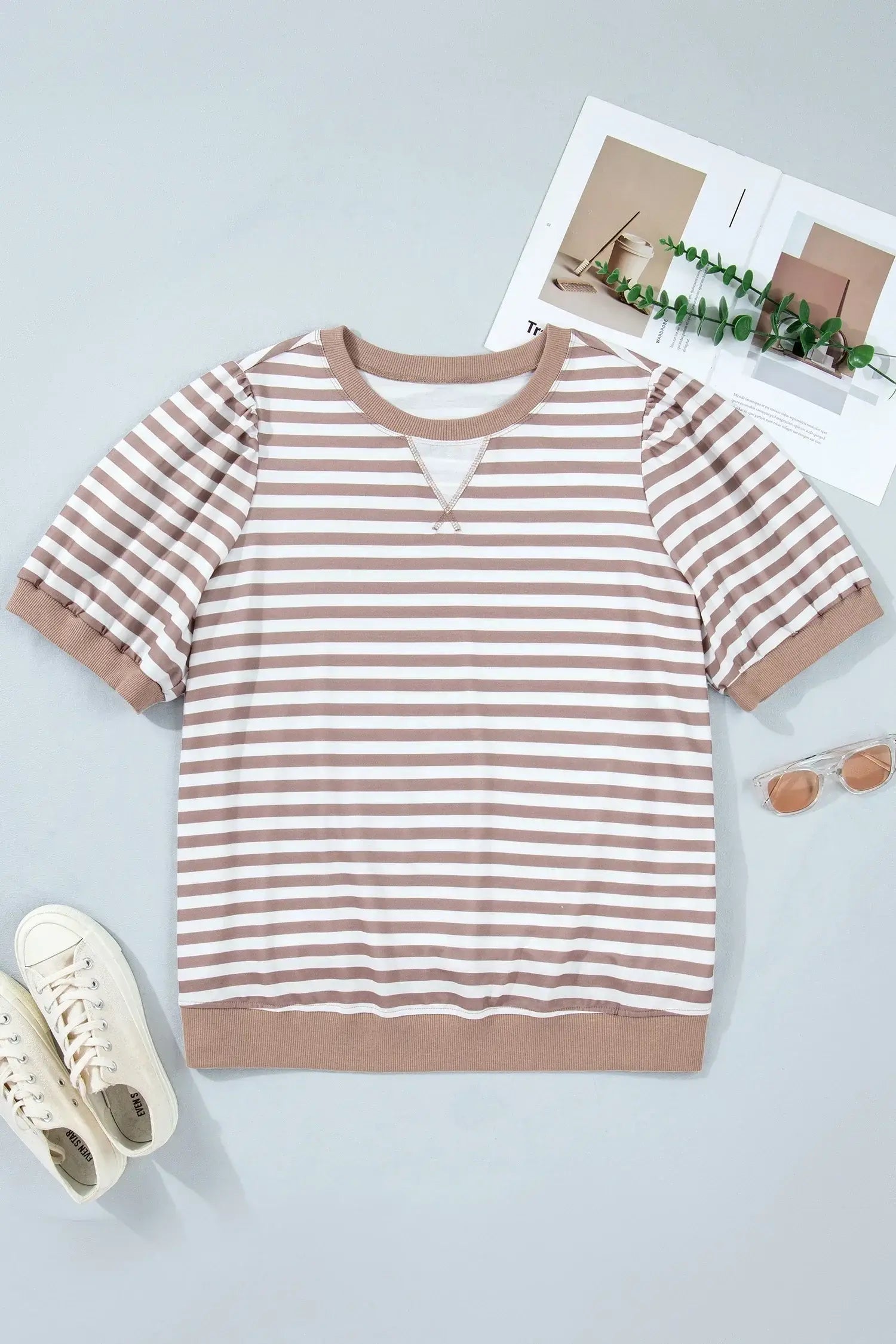 Orange Stripe Ribbed Trim Round Neck Short Puff Sleeve Plus T Shirt