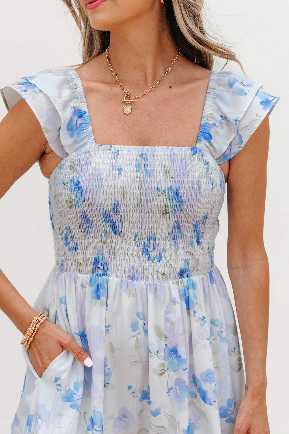 Sky Blue Floral Smocked High Waist Double Ruffle Sleeveless Long Dress