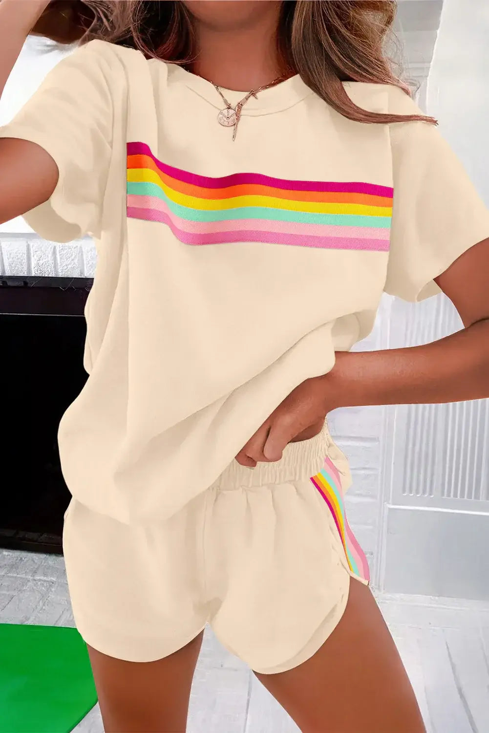Rose Red Vibrant Striped Detail Athleisure 2pcs Short Set