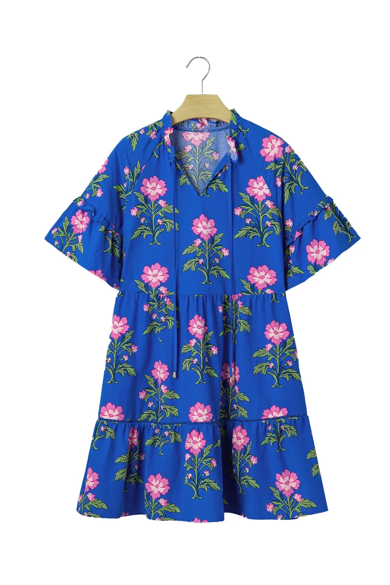 Blue V Neck Short Sleeve Loose Flower Dress