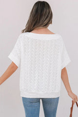 White Eyelet Pattern Boat Neck Casual Tee