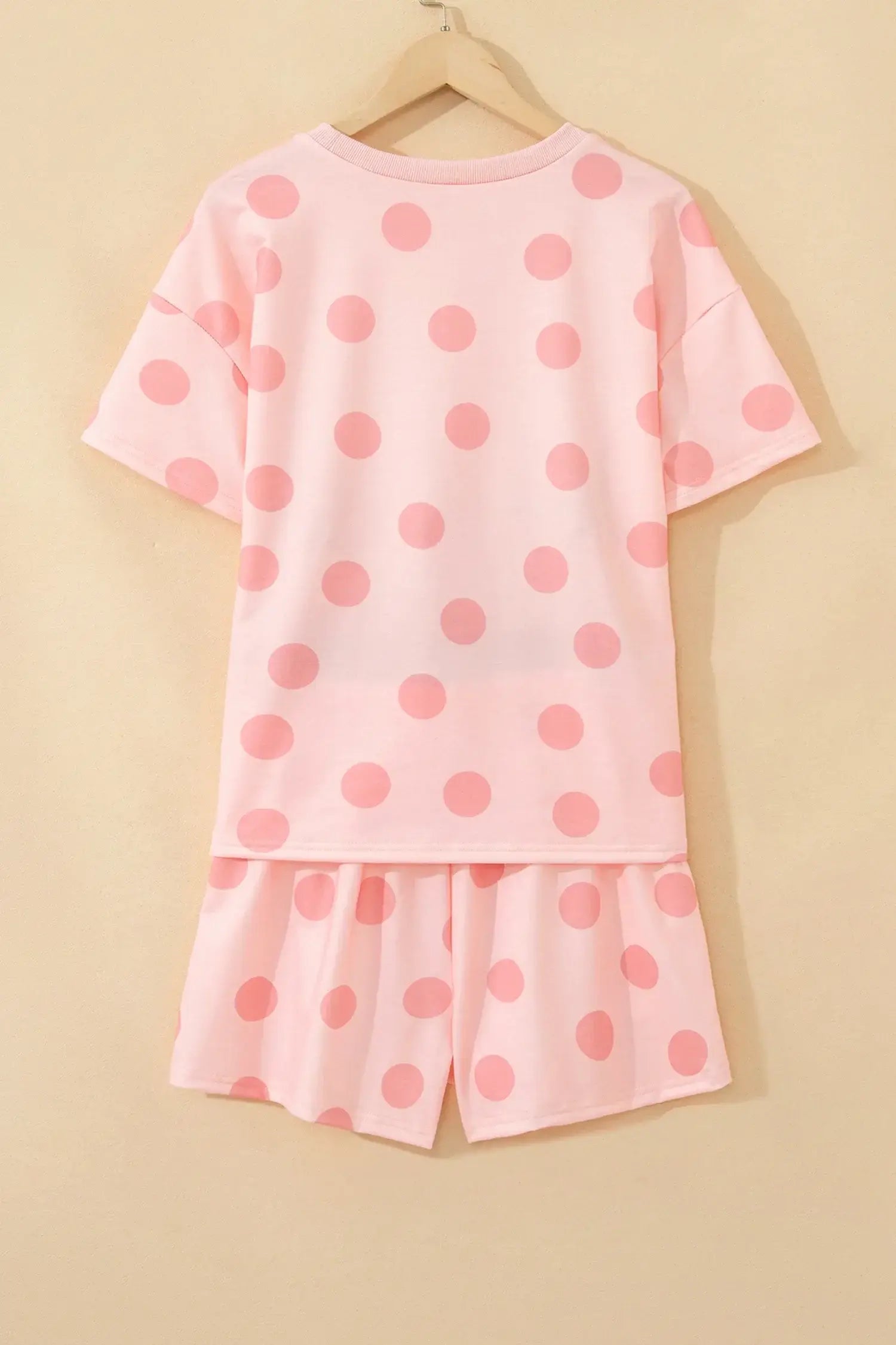 Pink Polka Dot Print Loose Tee Drawstring Elastic Waist Short Set