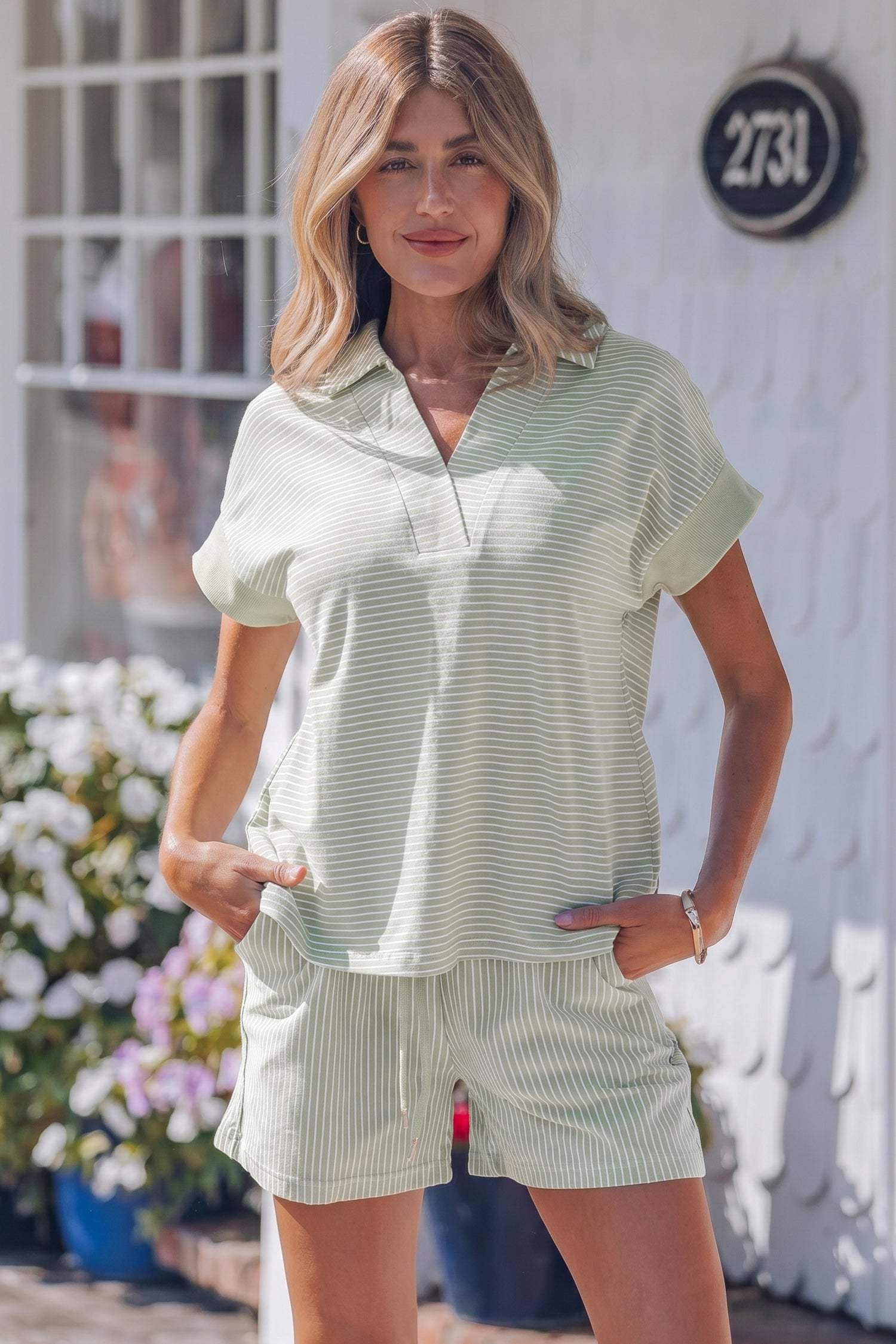 Khaki Stripe Dolman Sleeve Polo Shirt and Drawstring Shorts Set