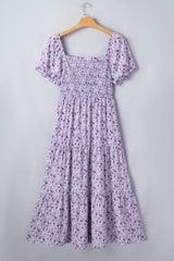 Purple Plus Size Floral Print Square Neck Smocked Maxi Dress