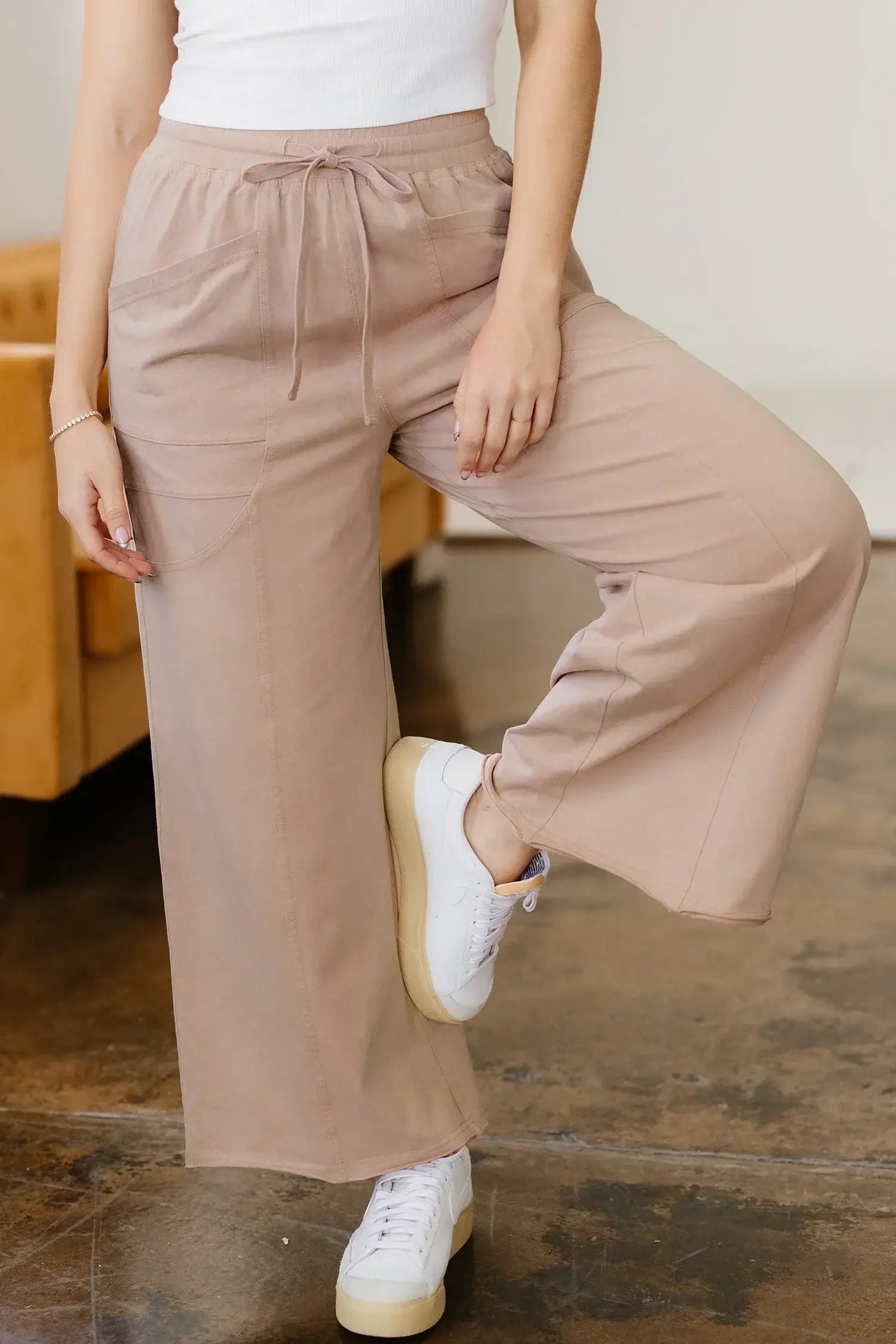 Smoke Gray Solid Color Mineral Wash Piping Trim Pocketed Wide Leg Pants