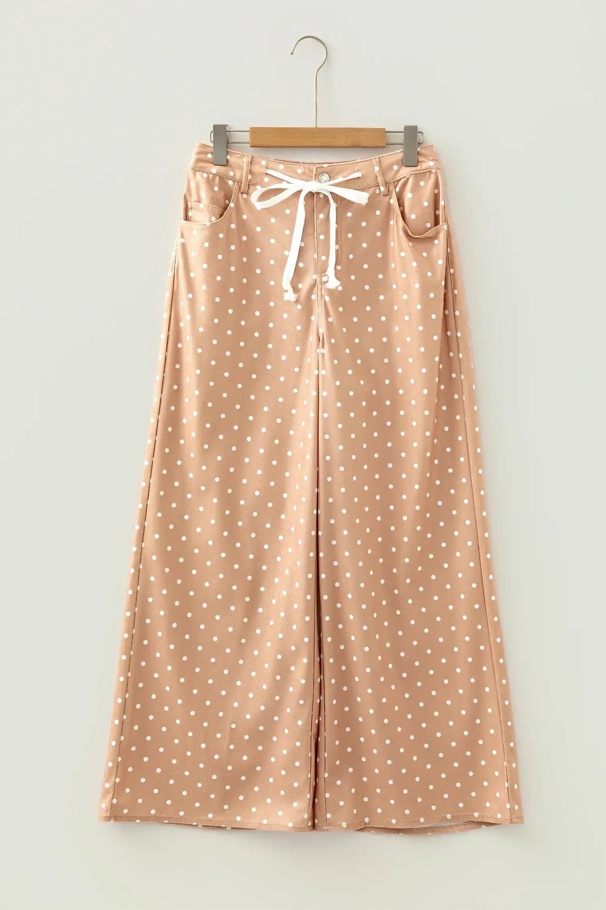 Khaki Polka Dot Print Drawstring Wide Leg Pants