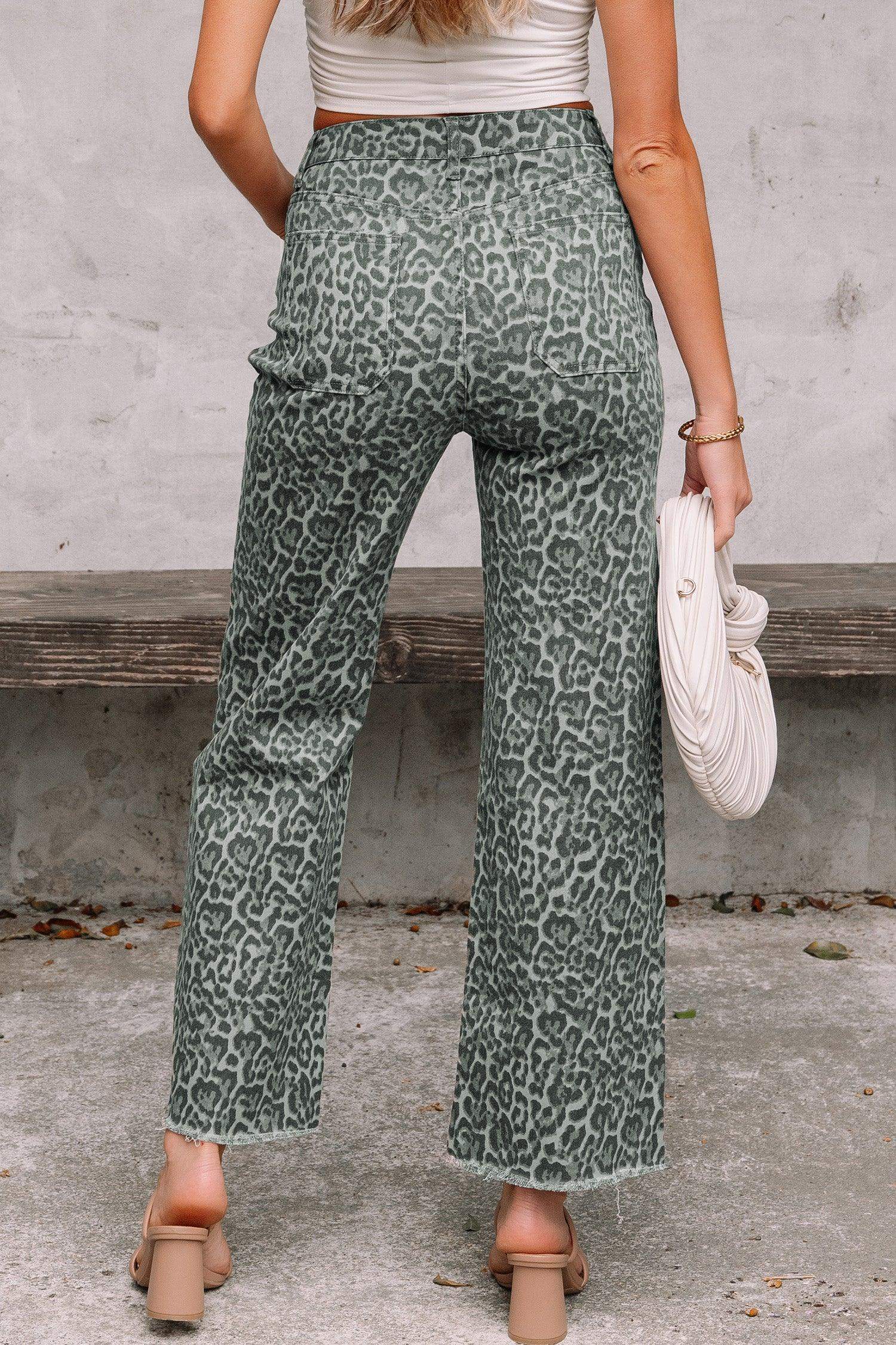 Gray Leopard Frayed Edge Wide Leg High Waist Jeans