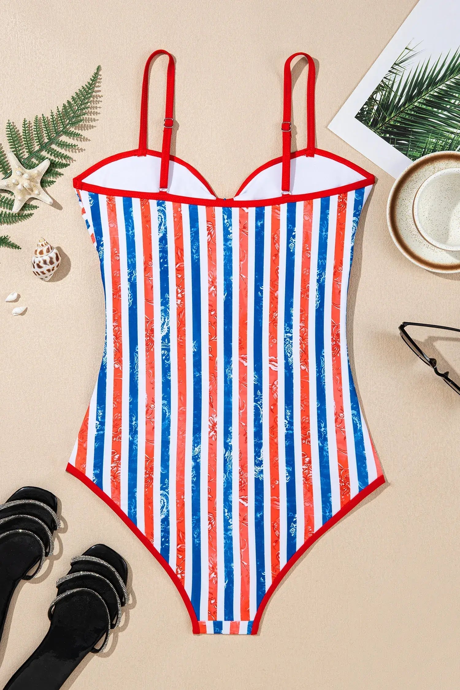 Red July 4th Stripes Star Floral Impression Cutout Spaghetti Straps One Piece Swimsuit
