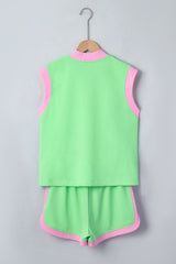 Green Color Block Accent Half Zip Top Athleisure Shorts Set