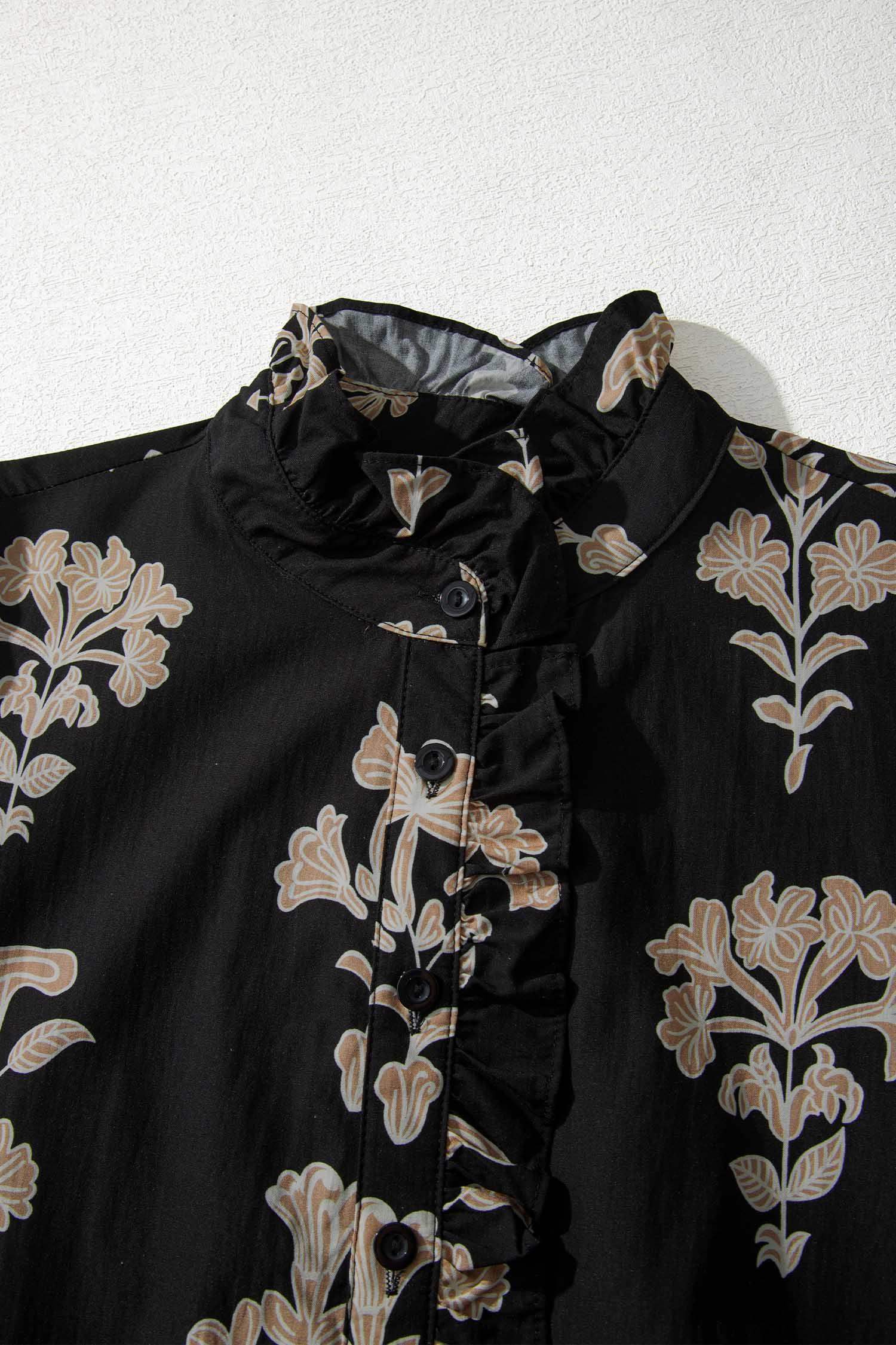 Black Floral Print Frilled Collar Short Puff Sleeve Maxi Dress