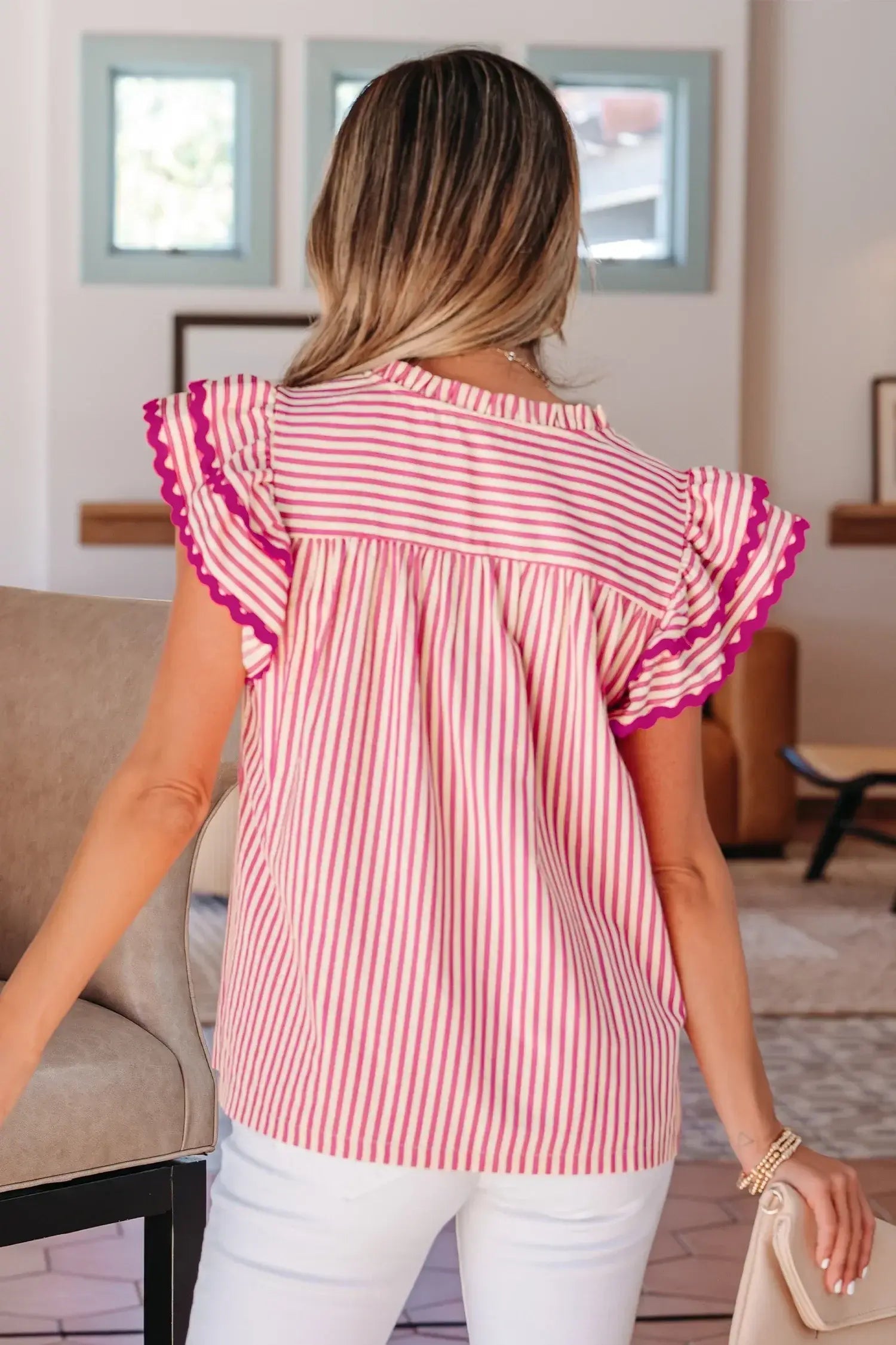 Rose Stripe Shirred Yoke Ruffled Short Sleeve Blouse