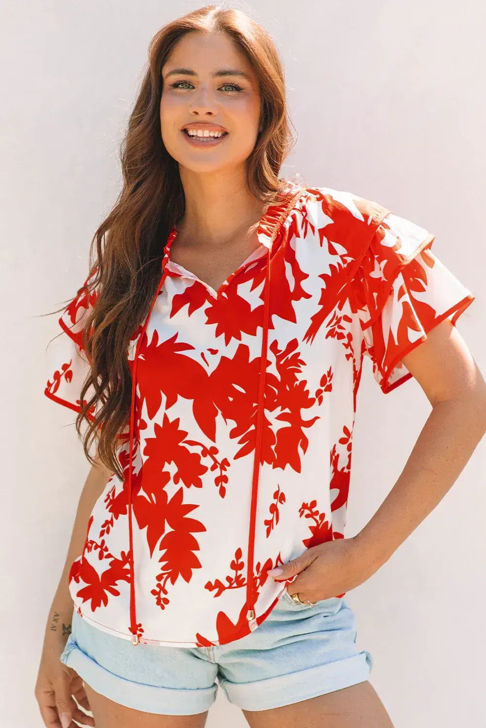 Red Plant Print Tiered Ruffled Sleeve V Neck Blouse
