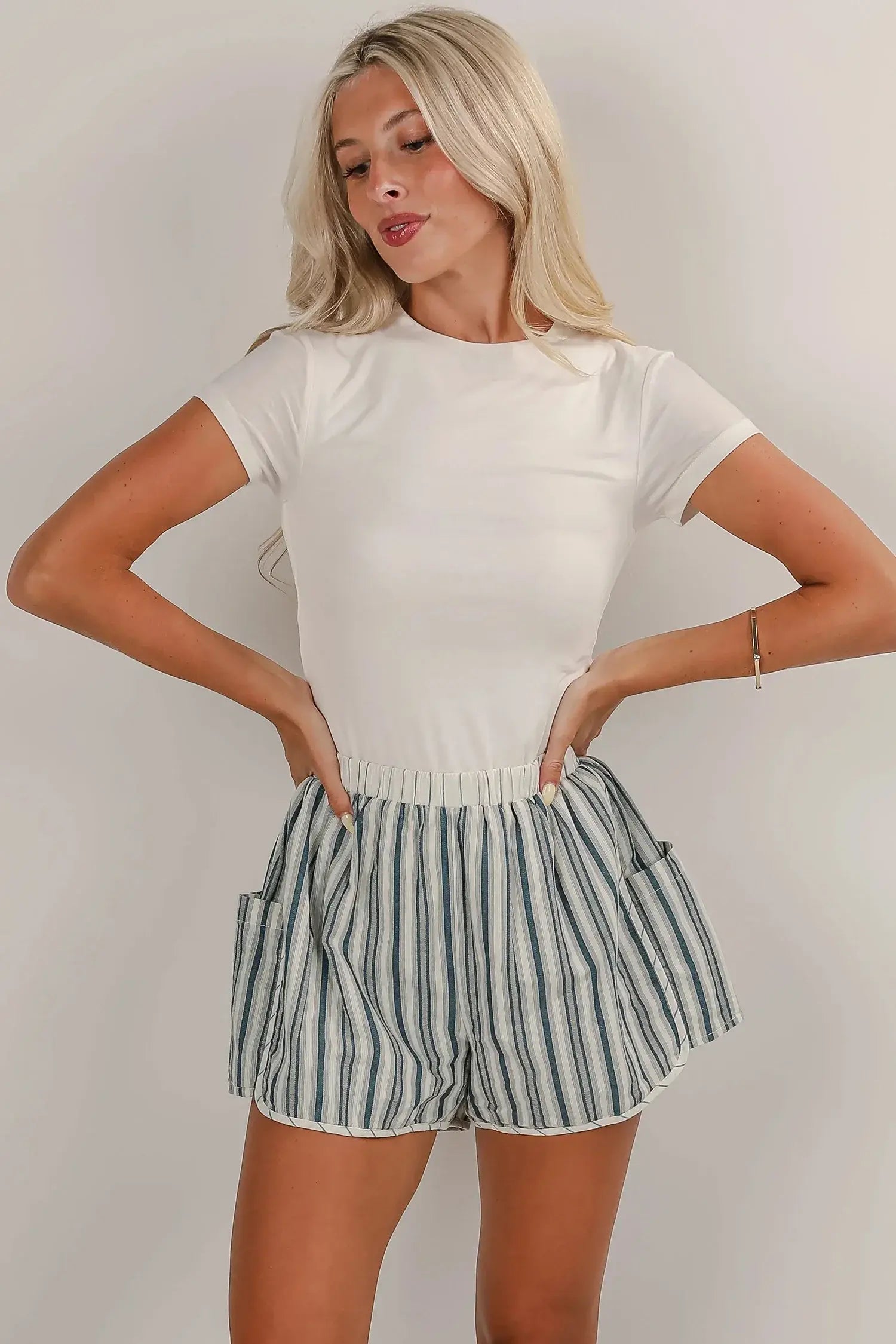 Gray Stripe Elastic Waist Cargo Pocket Casual Shorts