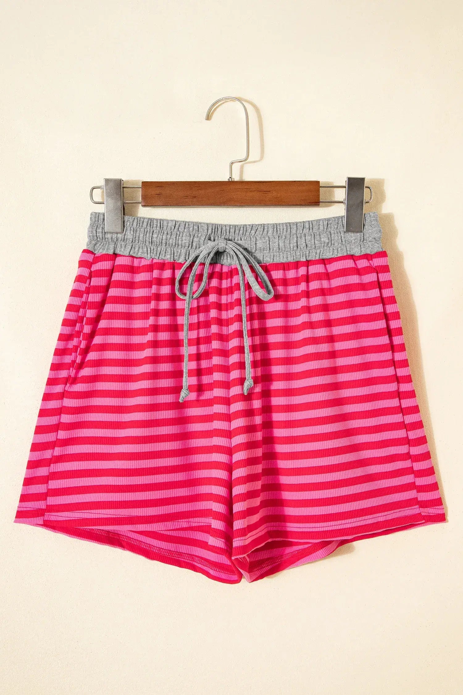 Rose Stripe Contrast Elastic Waist Casual Ribbed Shorts