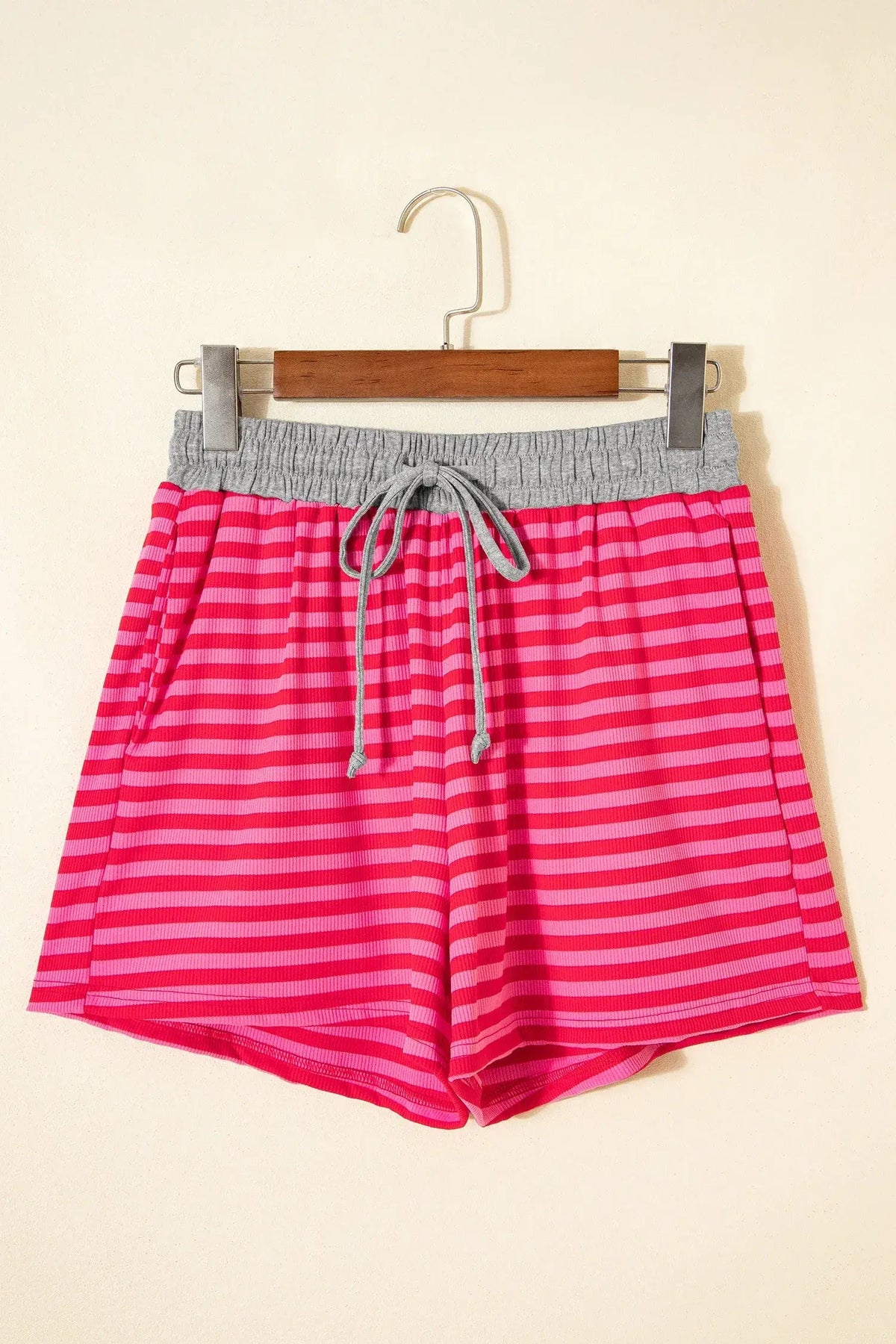 Rose Stripe Contrast Elastic Waist Casual Ribbed Shorts