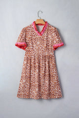 Khaki Leopard High Waist Ruffled Colorblock Trim Short Dress