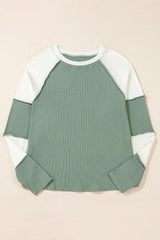 Mint Green Ribbed Colorblock Patchwork Raglan Long Sleeve Top