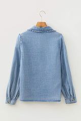Beau Blue Ruffled Peter Pan Collar Western Denim Shirt