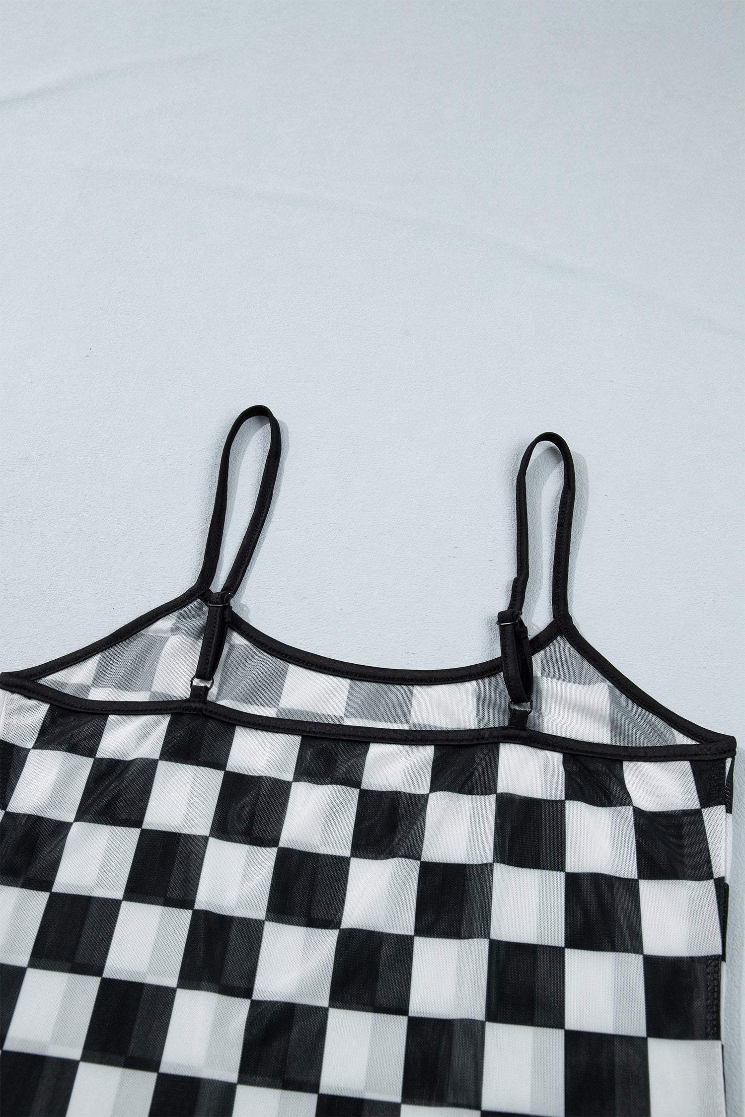 Black Sheer Checkered Print Spaghetti Straps Slim Tank Top