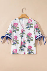 White Floral Colorblock Stripe Knot Bubble Sleeve V Neck Blouse