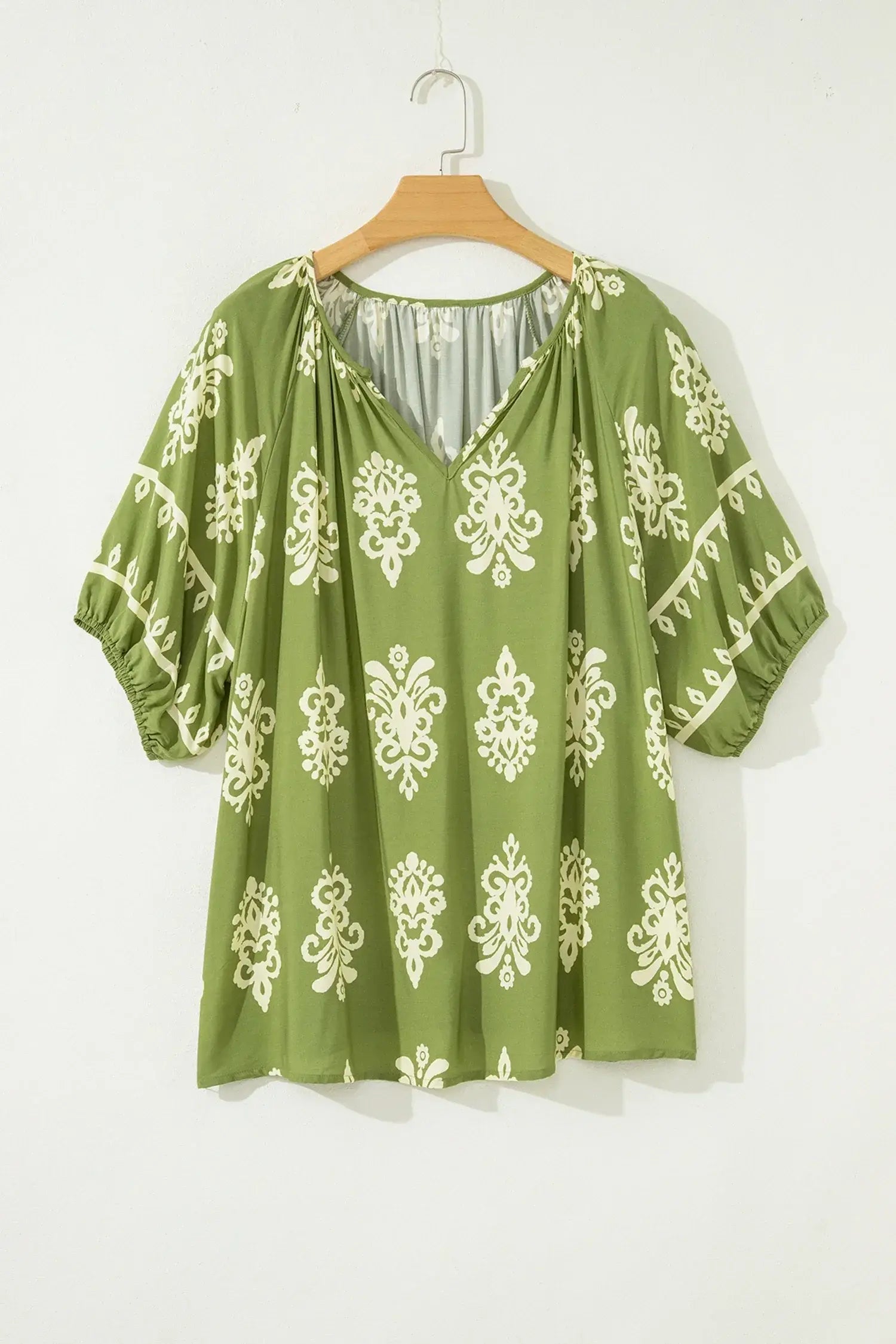 Green Boho Chic Notched V Neck Plus Floral Short Sleeve Top