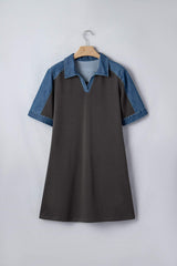 Carbon Grey Color Block Denim Patchwork Polo Collar T Shirt Shift Dress