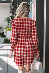 Red Plaid Print Smocked Puff Sleeve Mini Dress