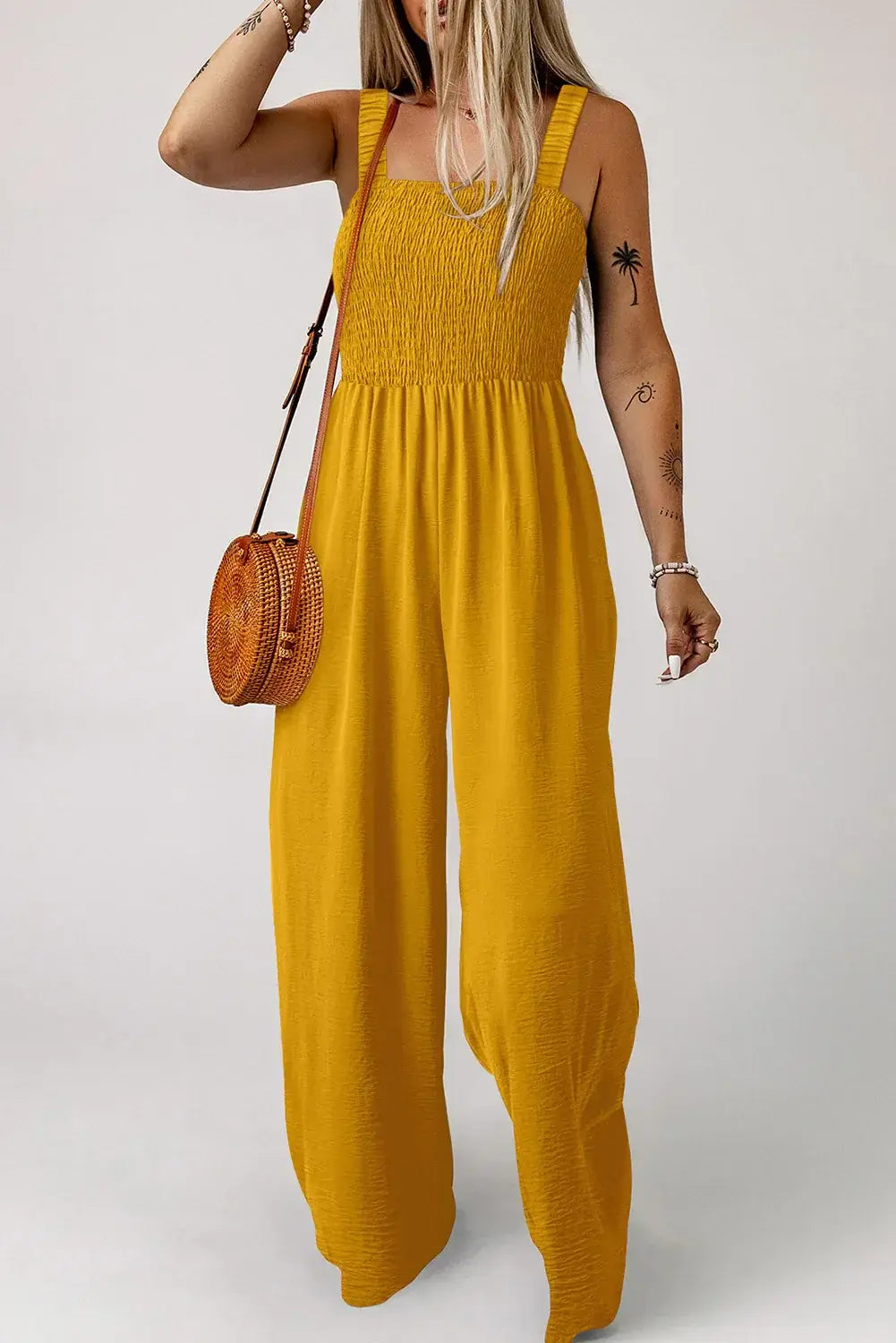 Ginger Smocked Sleeveless Wide Leg Jumpsuit with Pockets