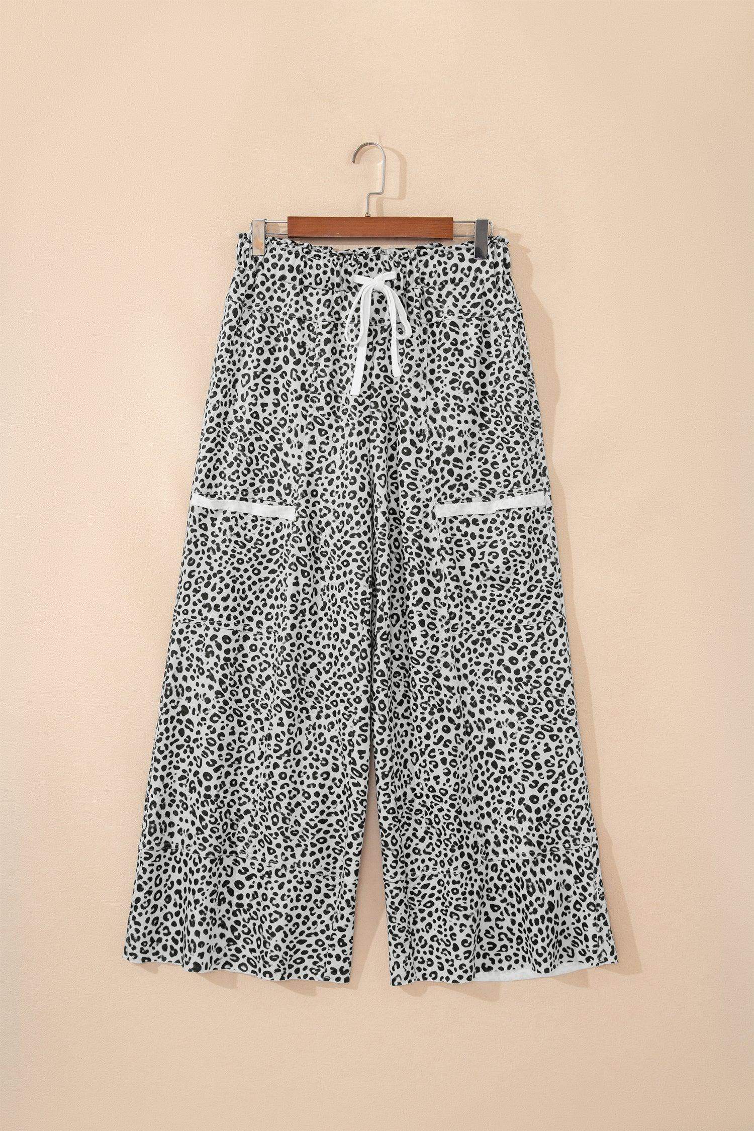 Khaki Animal Print Wide Leg Terry Knit Pants