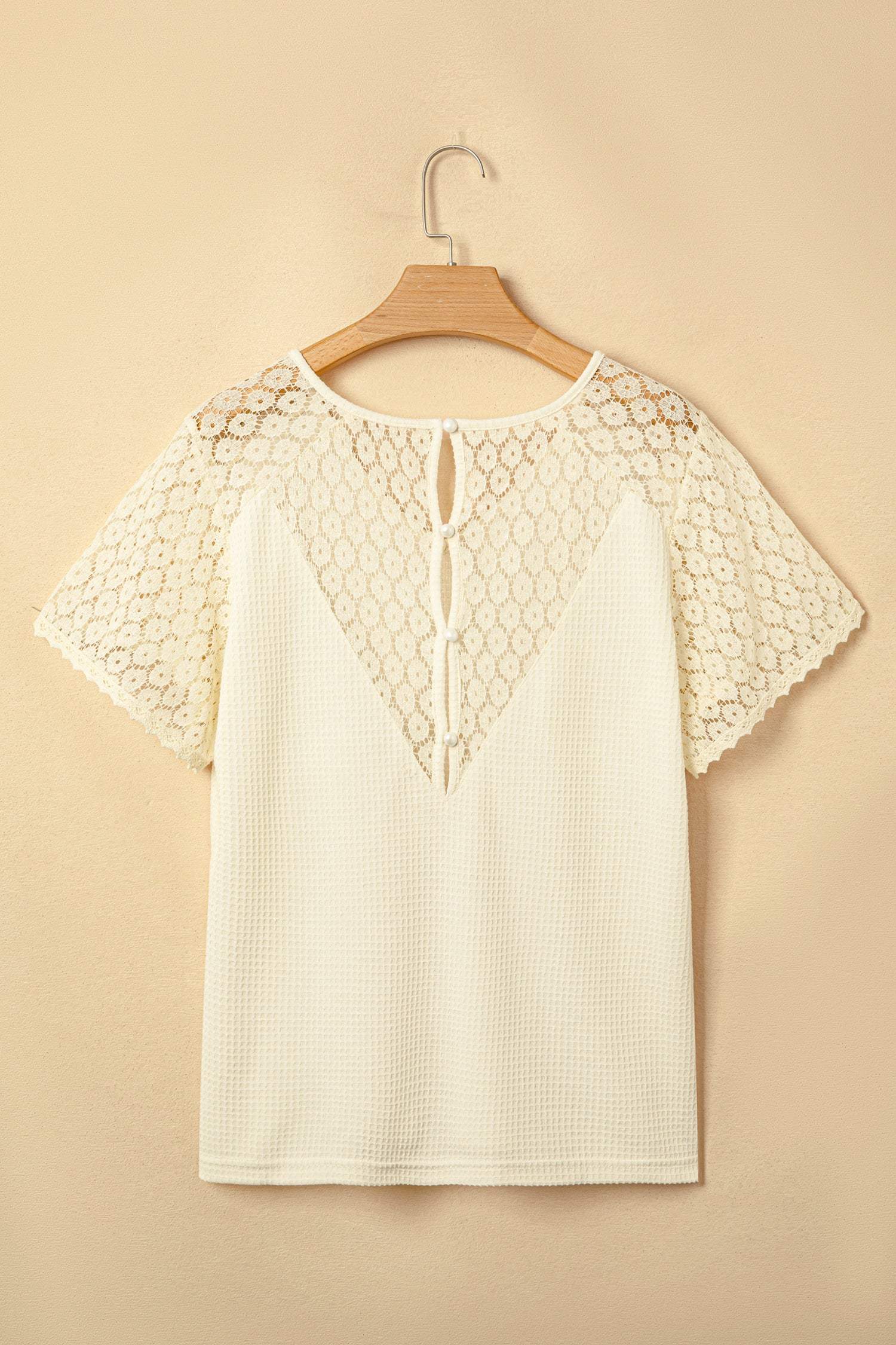 Beige Lace Splicing Button Cutout V Neck Waffle Knit Blouse