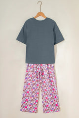 Medium Grey MAMA Letter Graphic Tee Camouflage Print Loose Pant Set