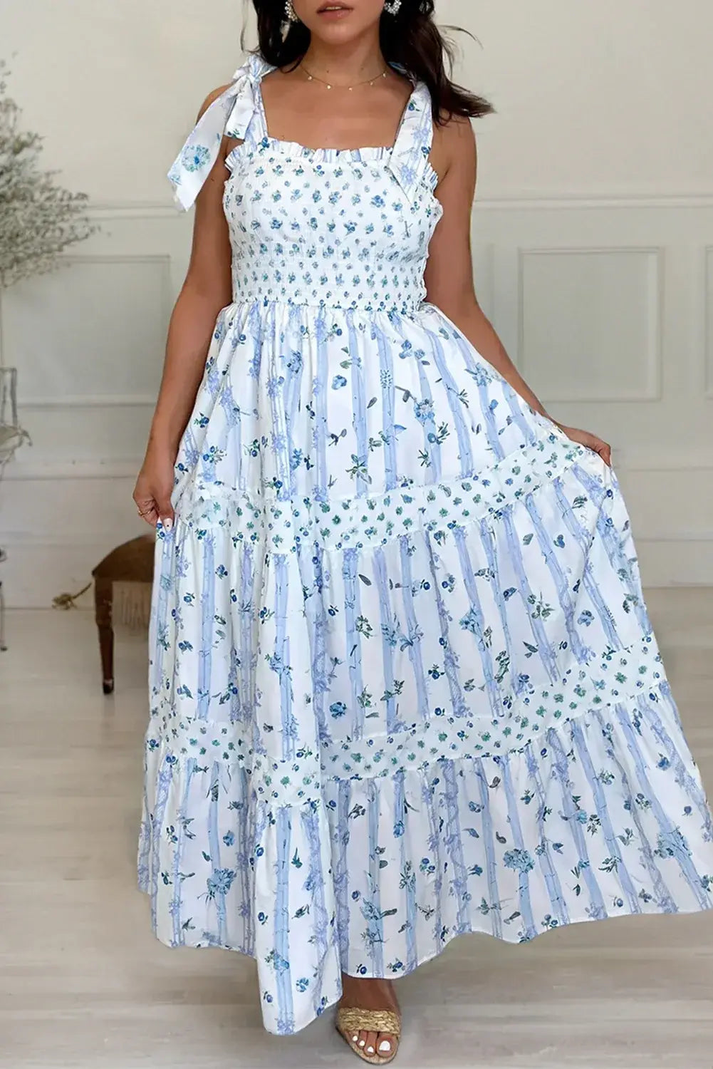 Sky Blue Floral Smocked Tied Straps A-Lined Tiered Maxi Dress