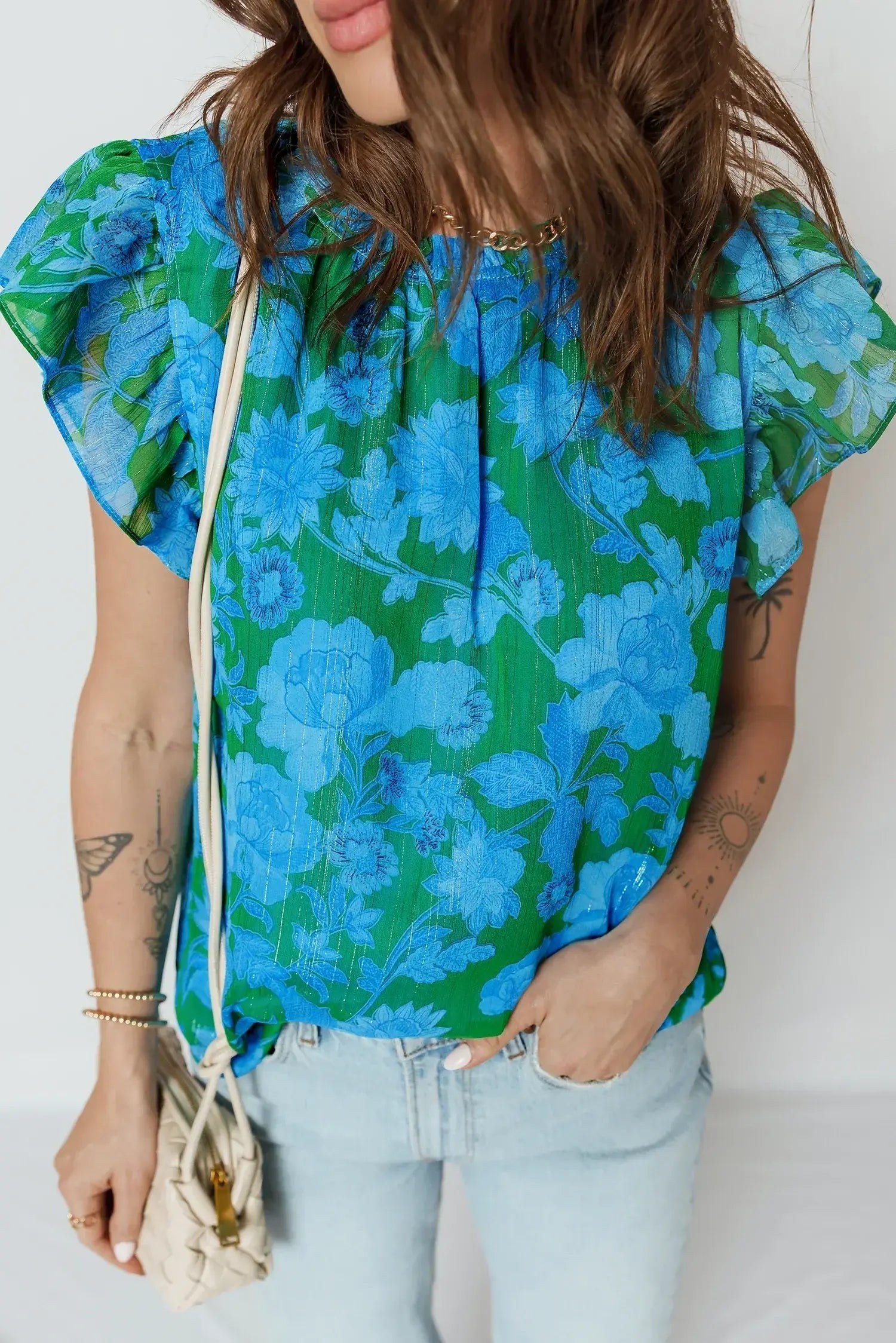 Green Floral Print Ruffled Sleeve Summer Blouse