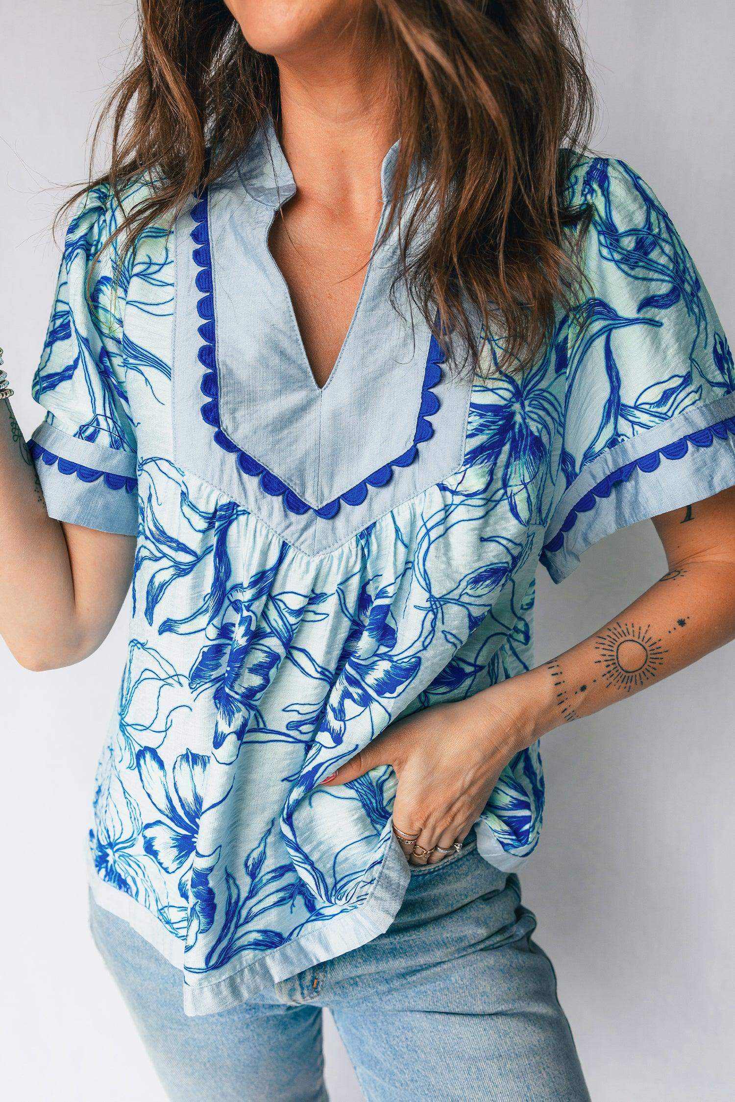 Sky Blue Ricrac Trim Slit V Neck Short Sleeve Floral Blouse